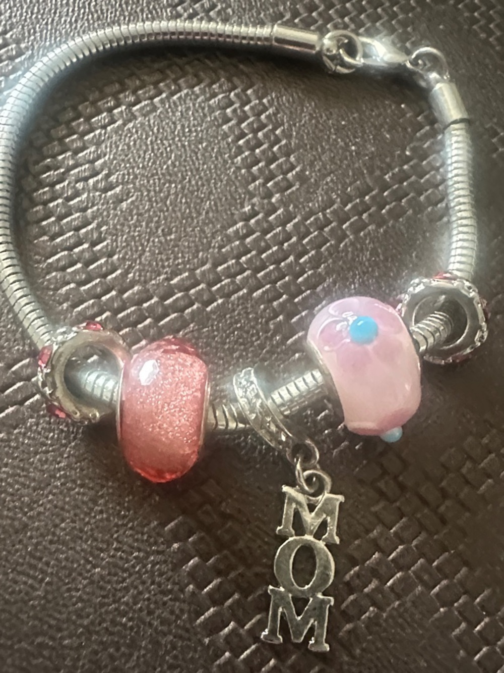 Silver Charm Bracelet with Pink Murano Glass Beads and MOM Pendant